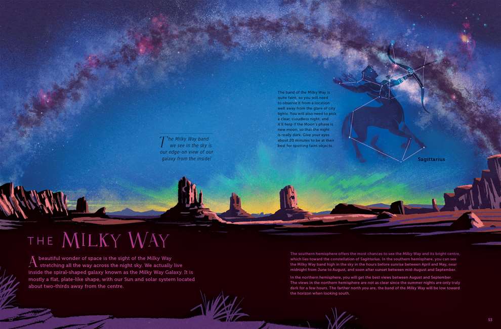Jan Bielecki, Double page spread from children's non fiction book about space and universe.